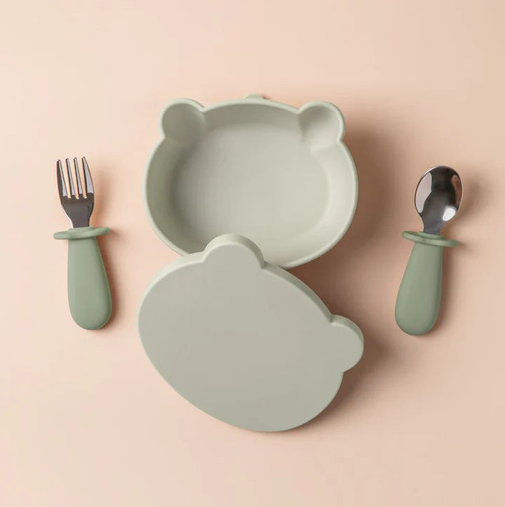 Bear-Shaped Silicone Suction Bowl With Utensil Set
