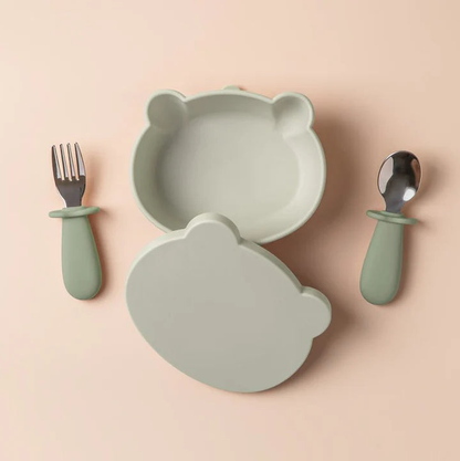 Bear-Shaped Silicone Suction Bowl With Utensil Set